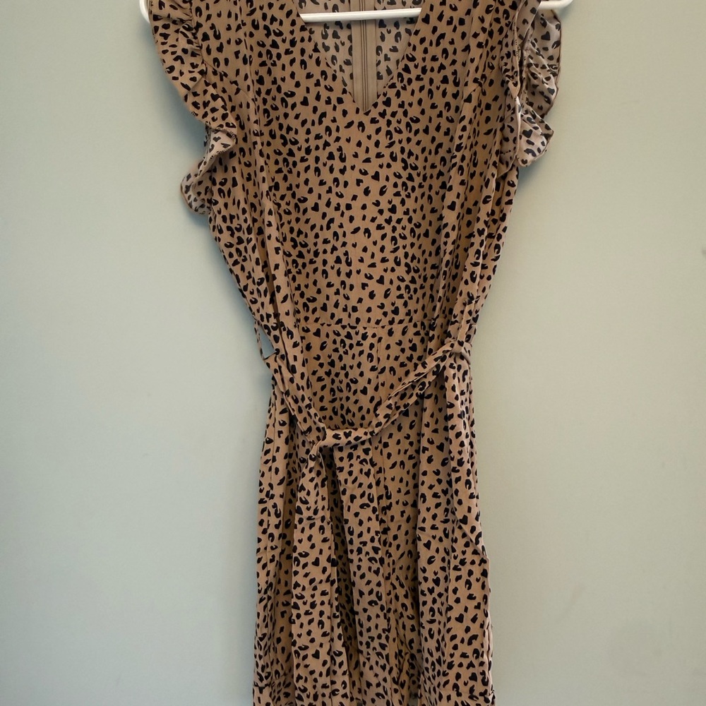 Tan Leopard Print V-Neck Ruffle Sleeve Romper